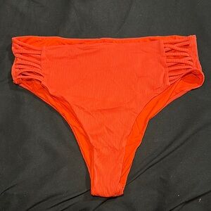 Bold Orange High-Waisted Bikini with Ruched Sides